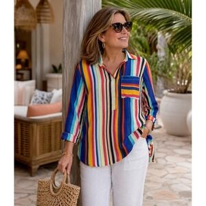 New Life‎ Style Stripped Shirt Women's PM Multicolor Long Sleeve Blouse